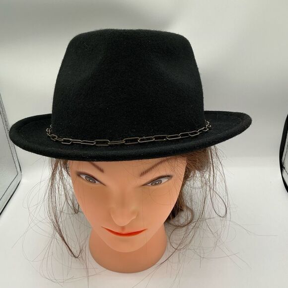 Christian Siriano 100% Black Wool Fedora Hat Paper Clip Chain Hat Band - Picture 1 of 5